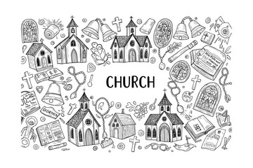 Church and architecture illustrations religious imagery creative design artistic environment sketch style. Vector illustration