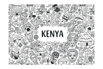 Fototapeta premium Cultural artifacts and symbols of kenya graphic vibrant patterns artistic environment top-down view. Vector illustration