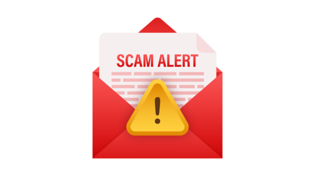 A red envelope with a document labeled 'SCAM ALERT' and a yellow warning sign.