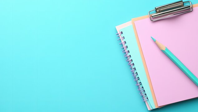 Pastel-colored notebooks and pencil on teal background