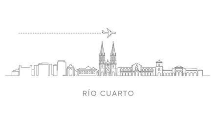 Fototapeta premium Rio Cuarto Skyline with Airplane and Dashed Line
