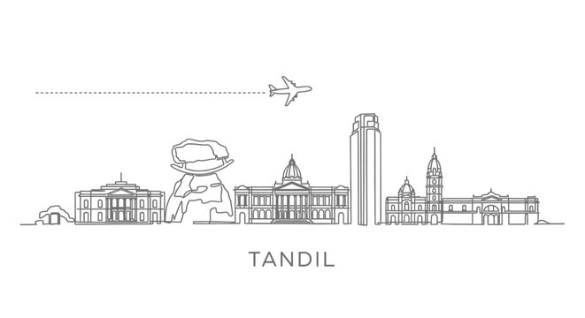 Tandil Argentina Skyline Line Art with Airplane