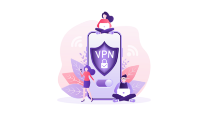 Stylized illustration of people using a mobile VPN service for online security and data privacy.