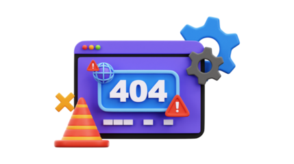 A 3D illustration depicting a computer screen showing a '404' error, accompanied by warning signs, a traffic cone, and gears, symbolizing a website or system issue.