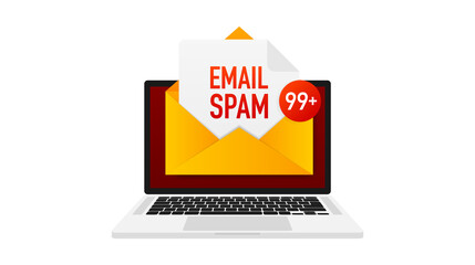 Laptop screen displaying an open email envelope with 'EMAIL SPAM' and a '99+' notification, symbolizing a high volume of unwanted messages.
