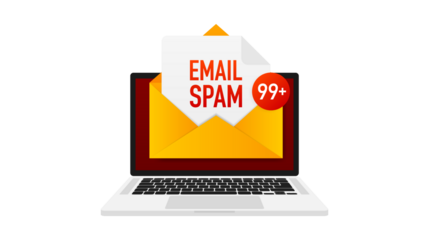 Laptop screen displaying an open email envelope with 'EMAIL SPAM' and a '99+' notification, symbolizing a high volume of unwanted messages.