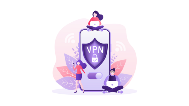 Stylized illustration of people using a mobile VPN service for online security and data privacy.