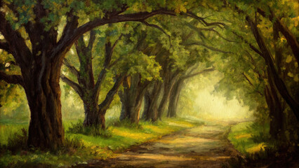 Fototapeta premium Oak trees lining serene road in painting concept. A serene pathway surrounded by lush, vibrant green trees.