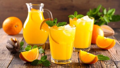 Refreshing orange juice in glasses and pitcher