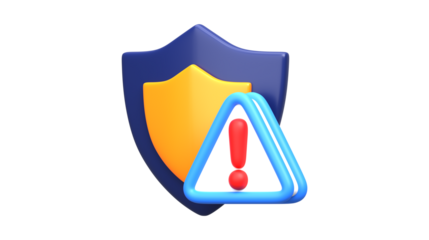 3D rendering of a shield with a warning sign, symbolizing security risks and potential threats.