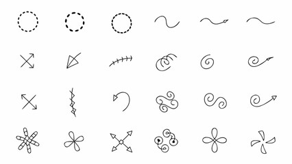 Vector collection of hand drawn arrows in various styles pointing in different directions on a white background