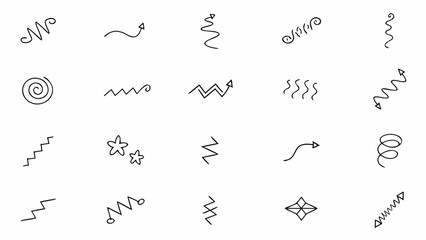 Vector collection of hand drawn doodle elements featuring arrows spirals zigzags and star shapes on a white background