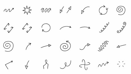 Vector collection of hand drawn arrows in various styles pointing in different directions on a white background