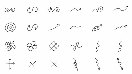 Vector collection of hand drawn doodle arrows and abstract shapes in black and white simple design illustration