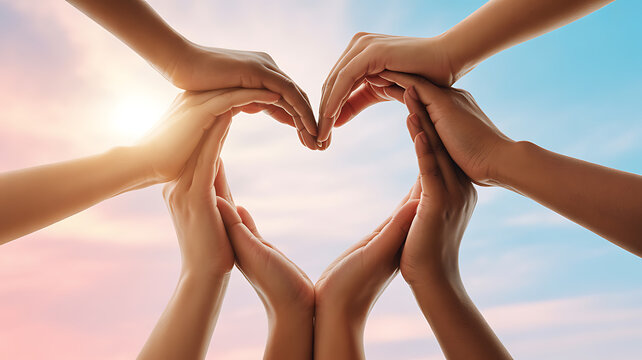 Multiple hands forming a heart shape against a sunset sky