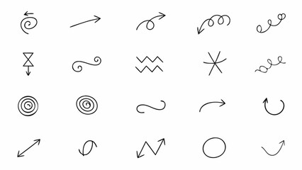 Vector collection of hand drawn style arrows swirls and other directional elements in black on a white background