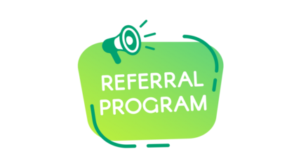 Green gradient banner with a megaphone icon, promoting a referral program.