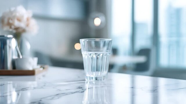 Elegant moment of hand placing a refreshing glass of water on a pristine marble surface in a