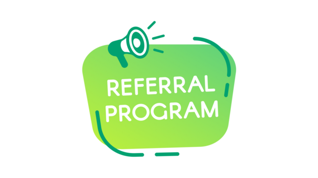 Green gradient banner with a megaphone icon, promoting a referral program.