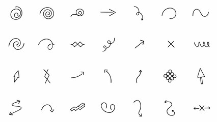 Vector collection of hand drawn arrows in various styles pointing in different directions on a white background