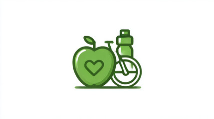 Green outlined icon of an apple, bicycle, and water bottle, simple style, representing healthy living and eco-friendly fitness.