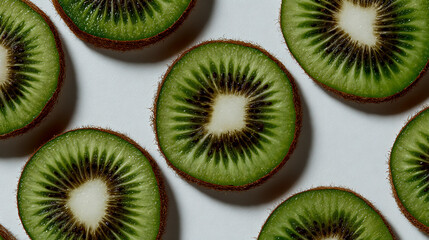Fototapeta premium Green kiwi slices in a pattern on a white background, close-up view, high-resolution photography, incredibly detailed3