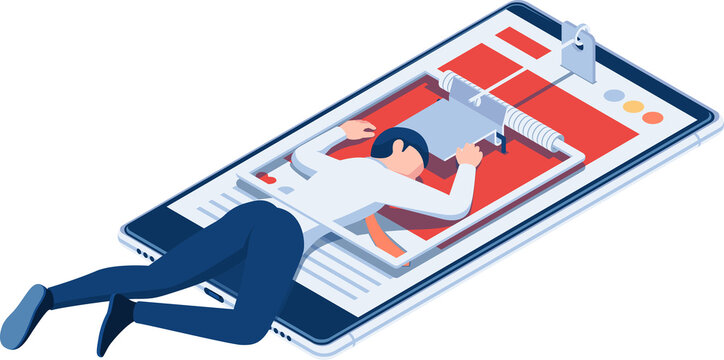 Isometric Businessman Trapped in Mousetrap on Phone with White Shirt Red Tie Blue Pant Illustration on Transparent Background