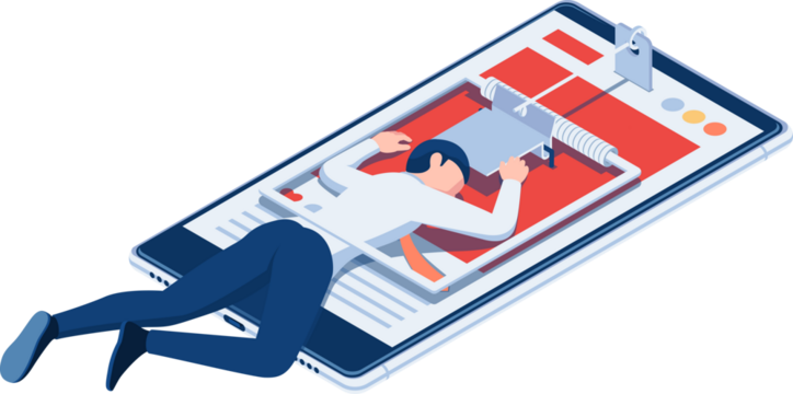 Isometric Businessman Trapped in Mousetrap on Phone with White Shirt Red Tie Blue Pant Illustration on Transparent Background