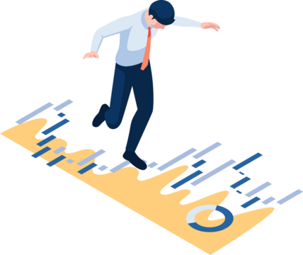 Isometric Businessman Walks Balancing on Financial Graph on Transparent Background - Powered by Adobe