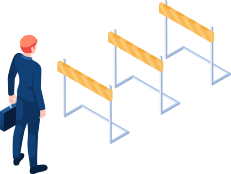 Isometric Businessman with Briefcase Facing Hurdle Race on Transparent Background Illustration