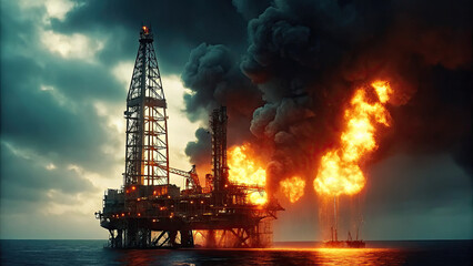 Obraz premium Fire on oil platform in open sea concept. Dramatic oil rig explosion against a stormy ocean backdrop.