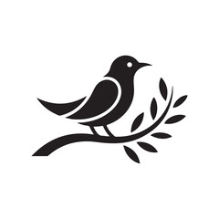 Black Bird Perched on Branch with Leaves Vector