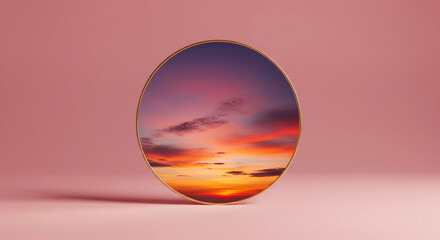 Oval mirror reflecting a vibrant sunset sky with dramatic clouds in