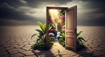 Open Door Reveals Lush Paradise in Cracked Desert Landscape