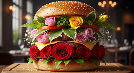 Gourmet Burger Decorated with Red Pink and Yellow Roses and Green