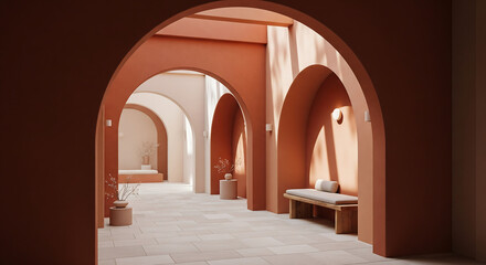 Minimalist architectural interior with terracotta arches natural light