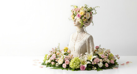 Mannequin with elaborate floral headpiece and lace dress surrounded by