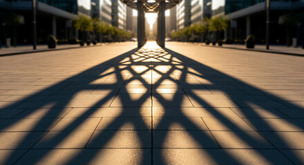 Geometric shadow patterns cast by modern architecture on a paved plaza