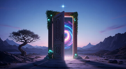Mystical portal opens to a swirling galaxy amidst a barren alien