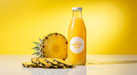 Fresh pineapple slices and bottle of pure pineapple juice on yellow