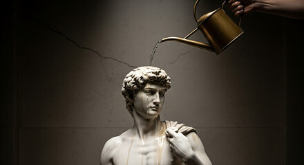 Water pouring on marble statue head from a golden watering can
