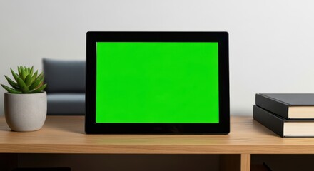 Contemporary workspace featuring digital tablet with chroma key, books, and succulent providing a