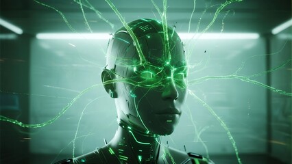 A humanoid robot with glowing green neural circuits in a futuristic laboratory setting