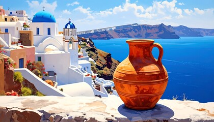 Santorini view with terracotta jug
