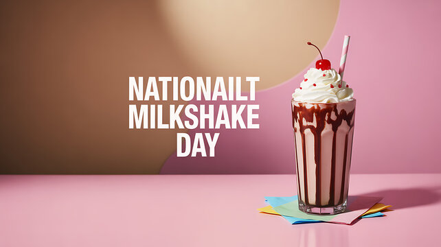 A milkshake with whipped cream, chocolate drizzle, and a cherry on top is displayed on a colorful napkin against a pink background for National Milkshake Day.