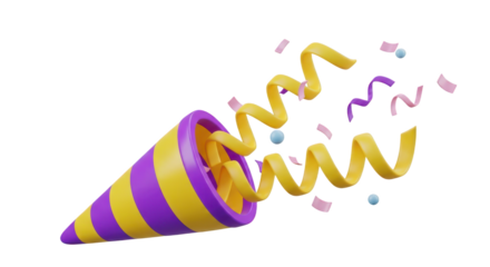 Exploding Party Popper with Yellow Purple Confetti Streamers isolated on a transparent background