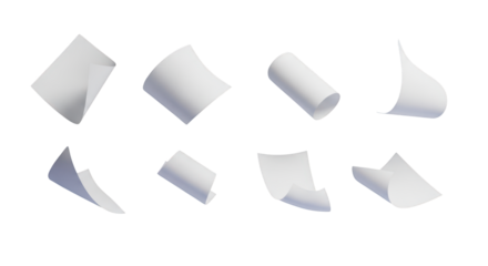Eight white paper sheets floating in space isolated on a transparent background flying