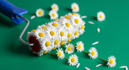 Paint roller covered in daisies on green background with scattered