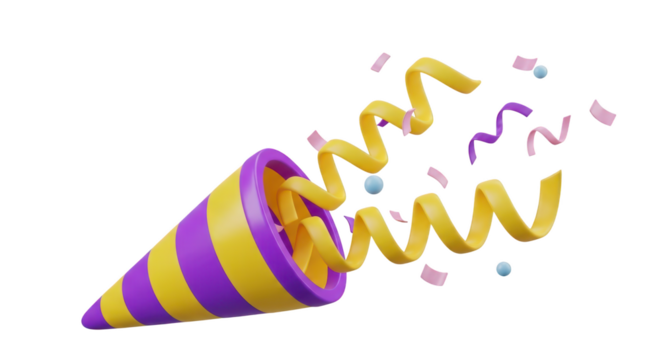 Exploding Party Popper with Yellow Purple Confetti Streamers isolated on a transparent background