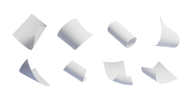 Eight white paper sheets floating in space isolated on a transparent background flying